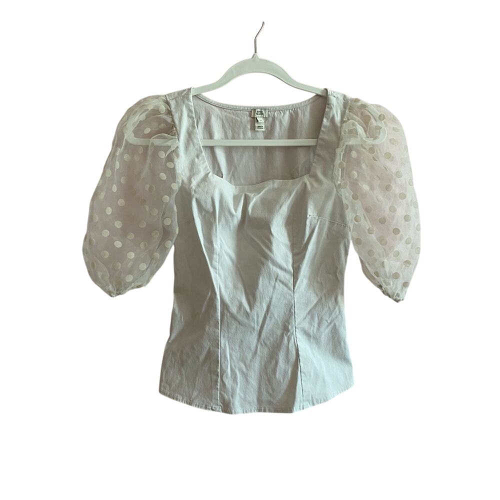 River Island Square Neck Semi Sheer Feminine Polka Dot Puff Half Sleeve Top